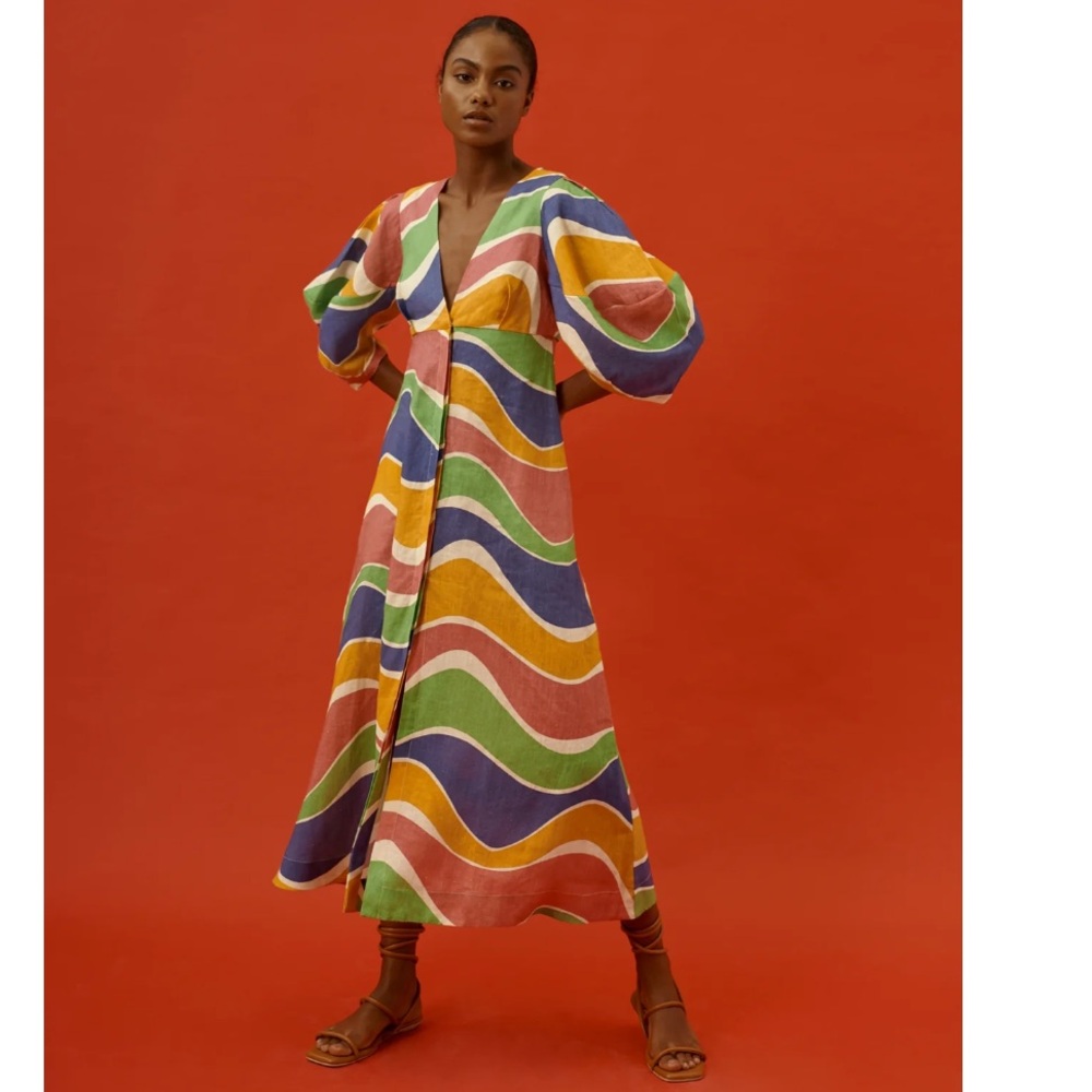 Cala de la Cruz Wave-Print Linen Midi Dress